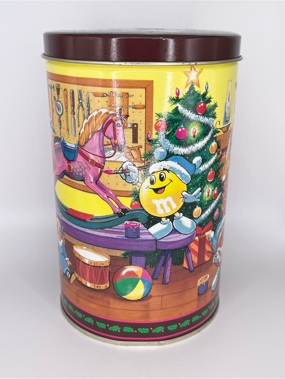 1994 Vintage Christmas M&M'S Red and Orange Tin with Playroom Scene